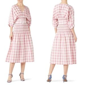 NICHOLAS Plaid Smocked Panel Midi Dress